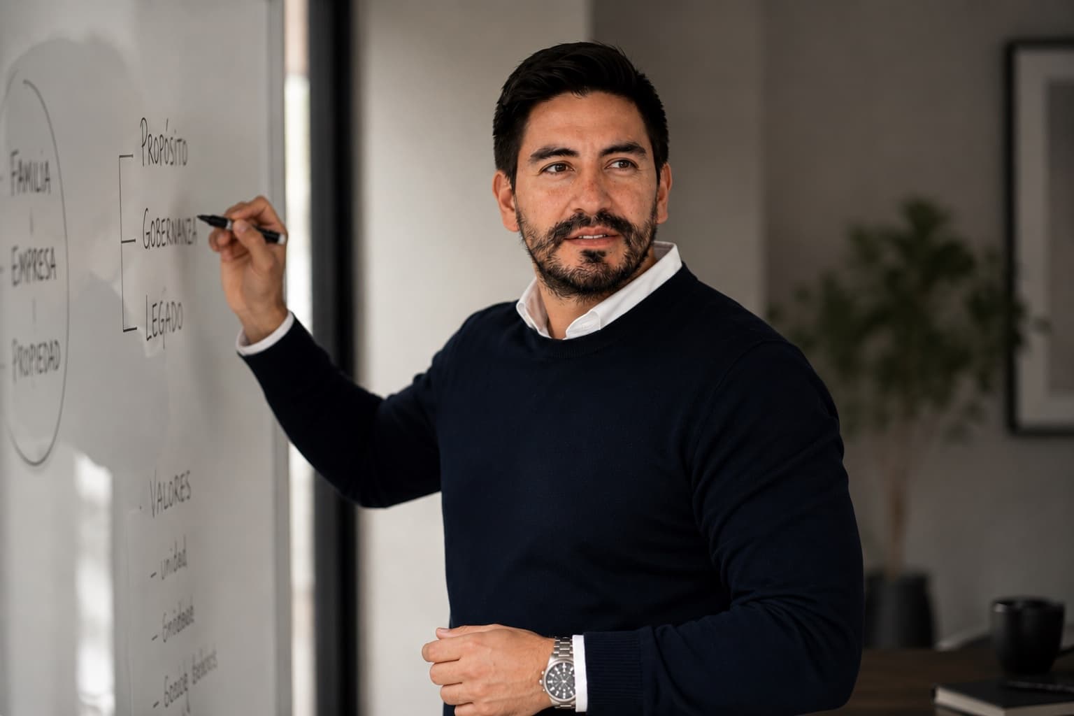 Dairo Rivera explicando el modelo de empresa familiar (familia · empresa · propiedad) en una pizarra